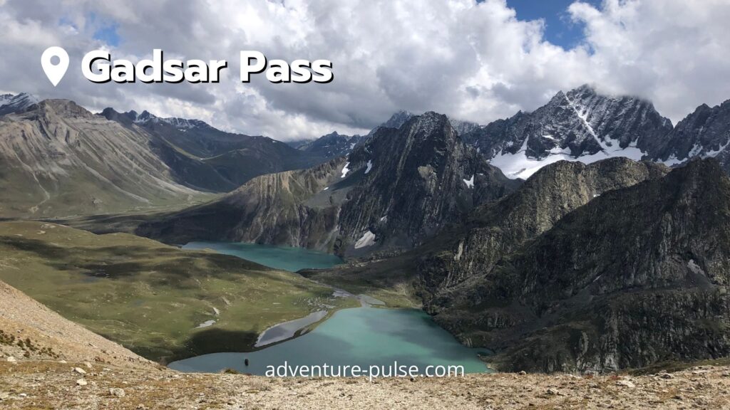 Views of twin lakes Vishnusar Lake and Krishnasar Lake from the Gadsar Pass on Kashmir Great Lakes Trek.