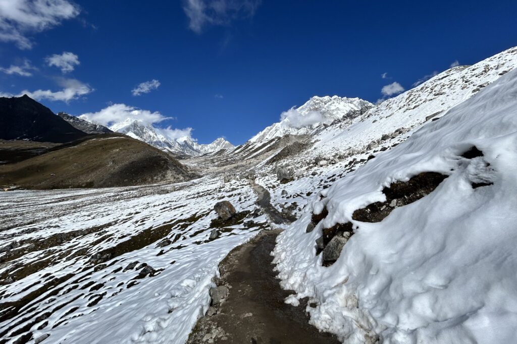 Snow covered trail leading to Lobuche on Everest Base Camp trek