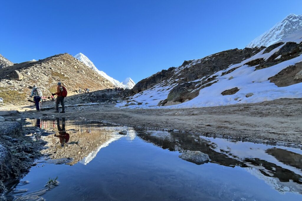 Reflection of hikers on water