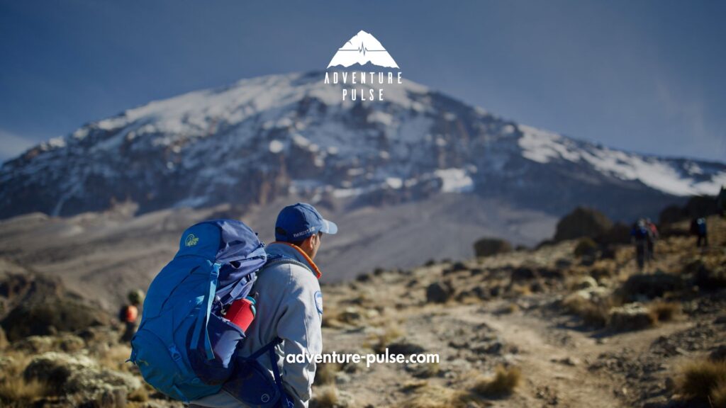 Trekker overlooking the Mount Kilimanjaro.