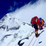 Climbers walking towards Mount Everest Summit.
