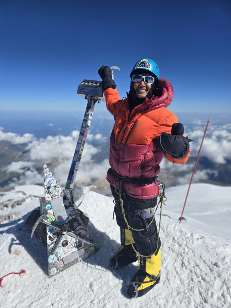 Mountaineer on the summit of a snow mountain, Mount Elbrus Summit