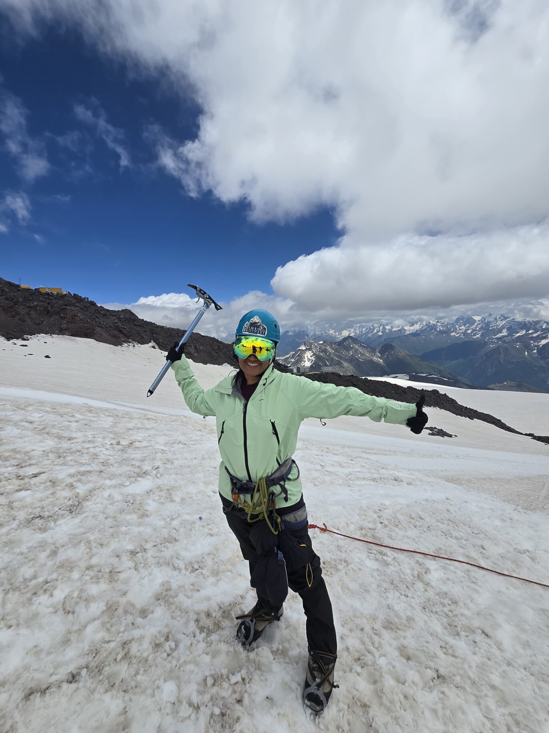Elbrus 5 Mountaineer with an Ice Axe on a snow mountain