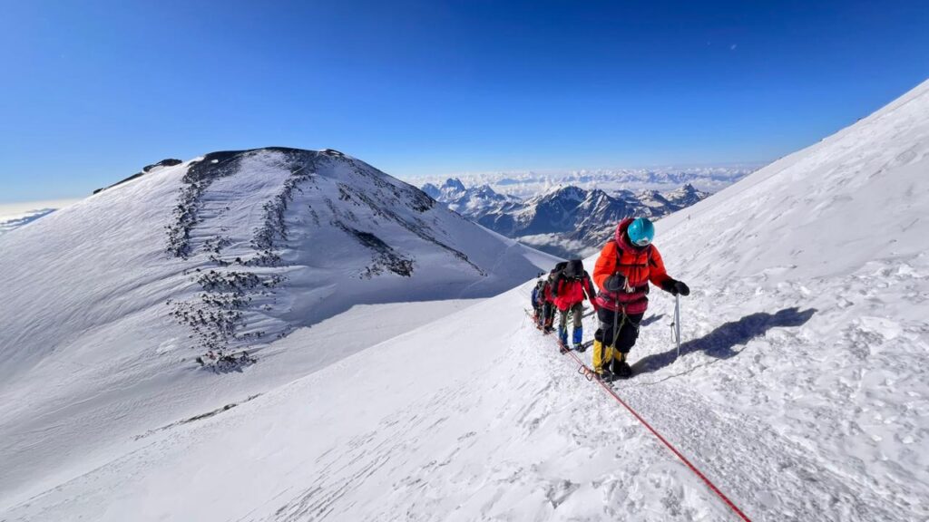 Climbers on a snow mountain, Mount Elbrus in Russia