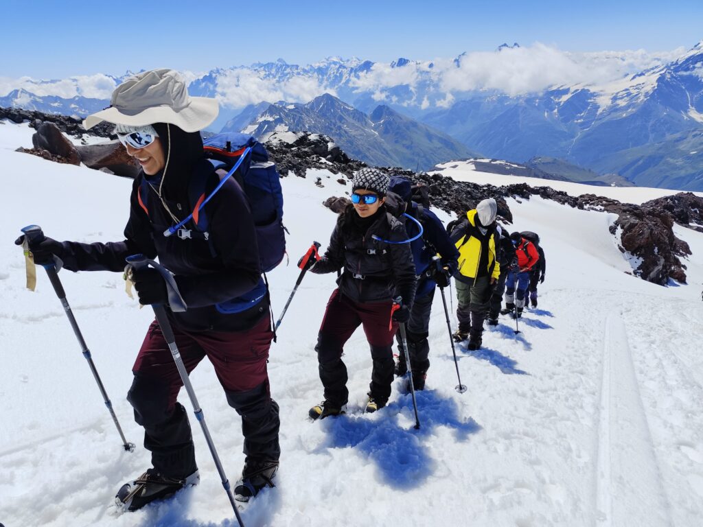 Mountaineers climbing on Mt. Elbrus, snow mountain, Hikers, Trekkers