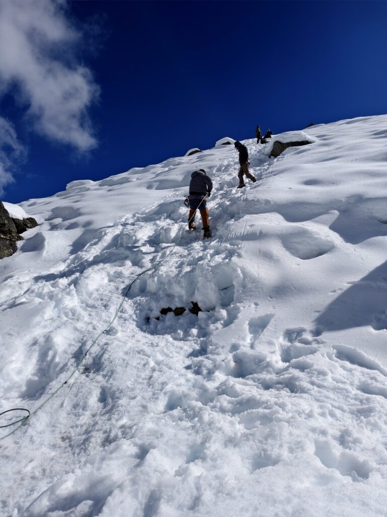 Climbers learning how to jumar on Mera Peak