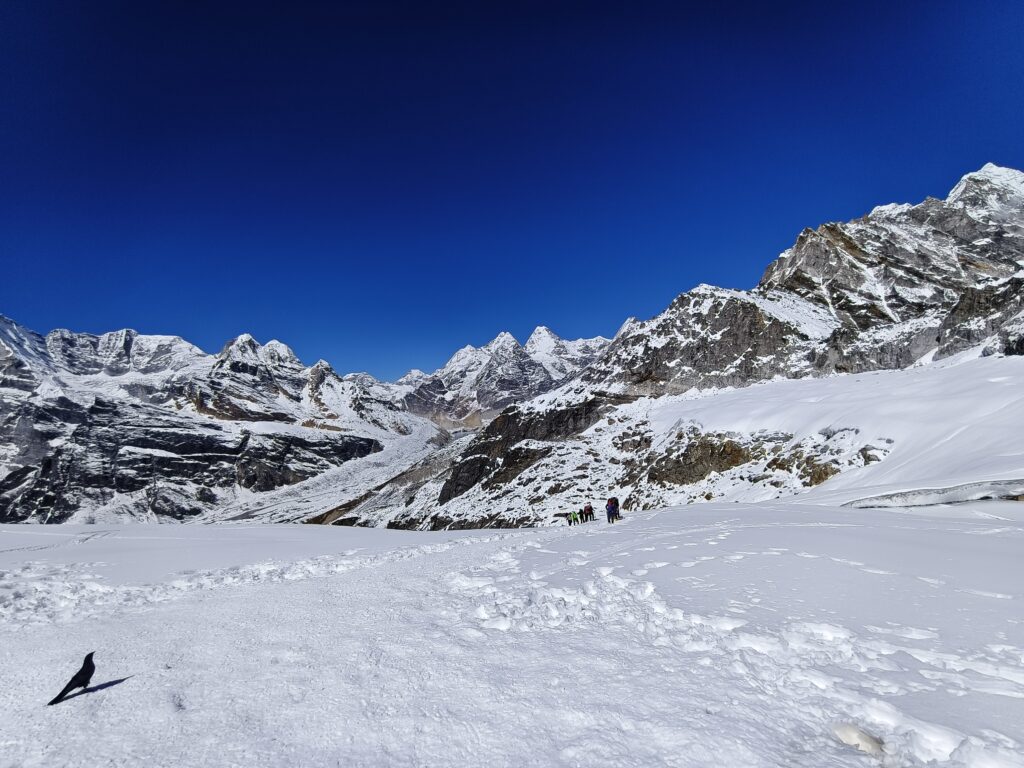 Snow and mountain landscape on Mera Peak in Nepal.
