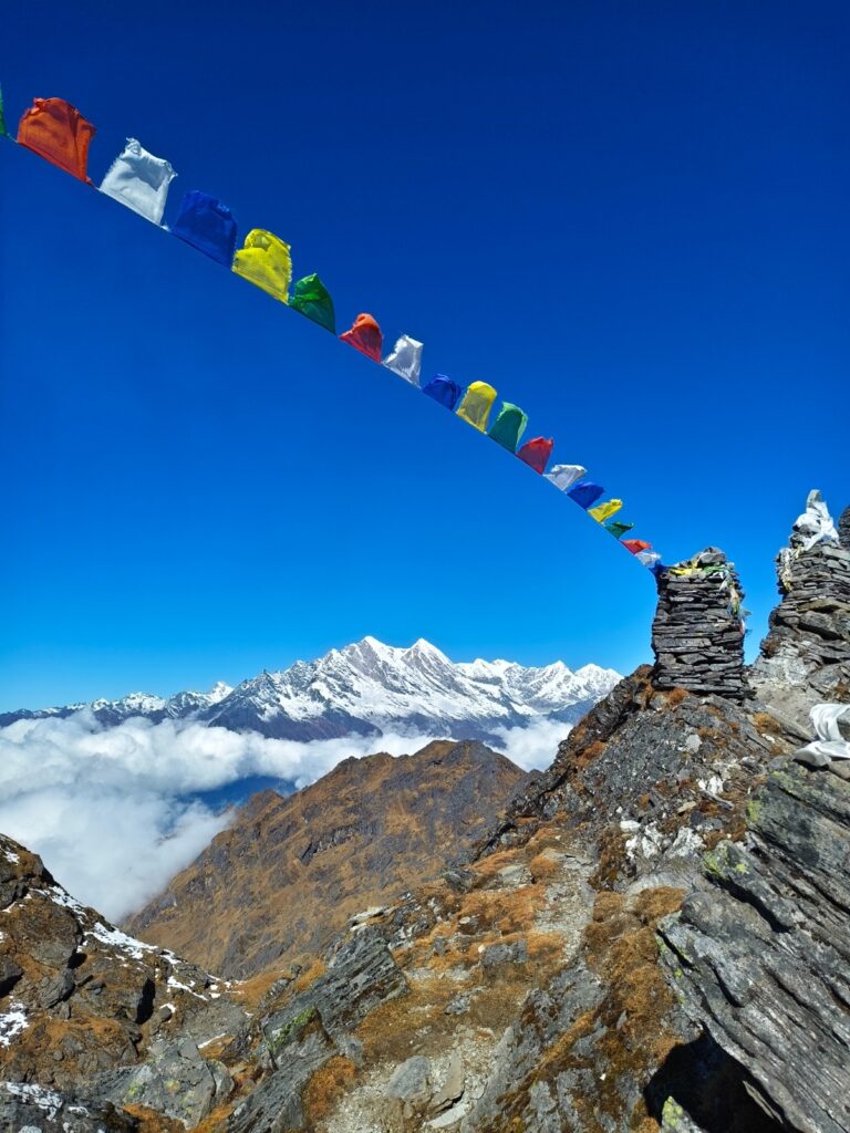 Prayer flags on the Zatra Wa Pass on Mera Peak.