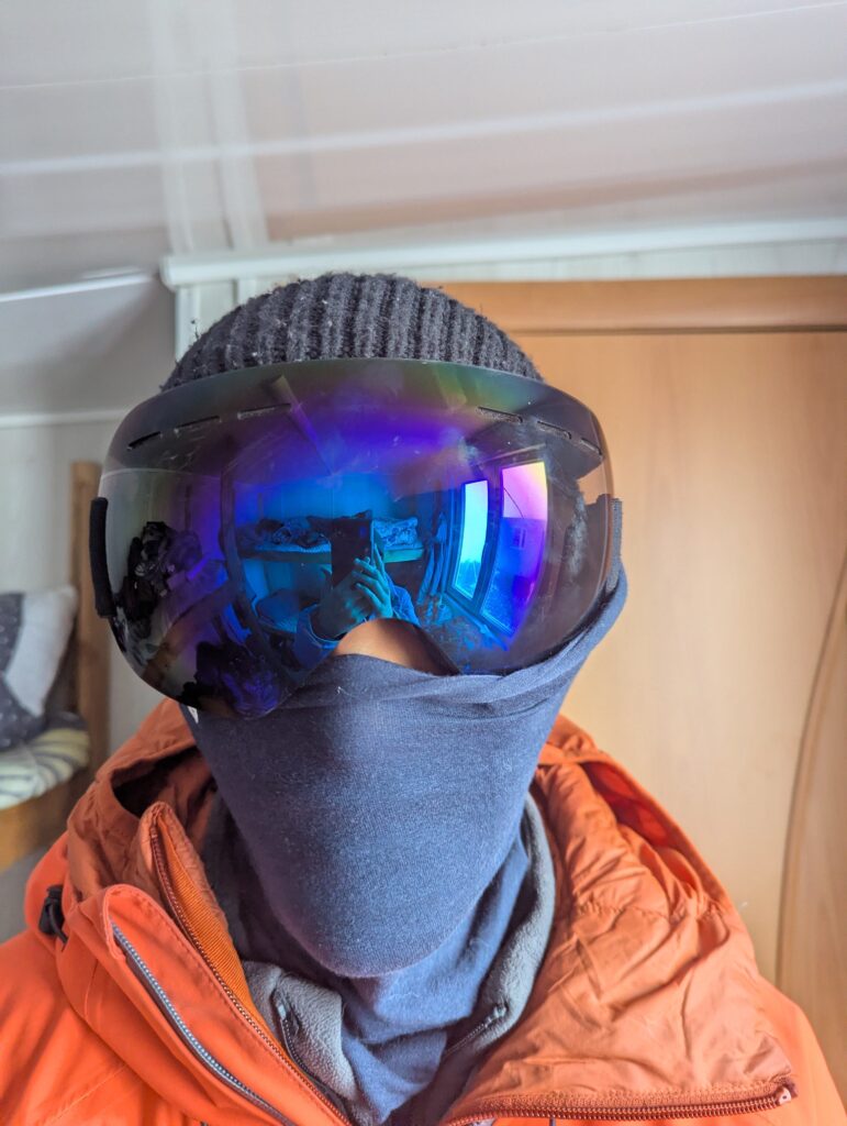 Ski goggles worn on the summit push