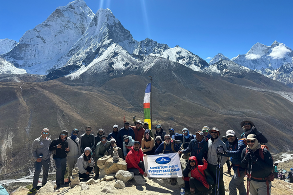 Everest Base Camp Trek group with Himalayan mountain views in Nepal
